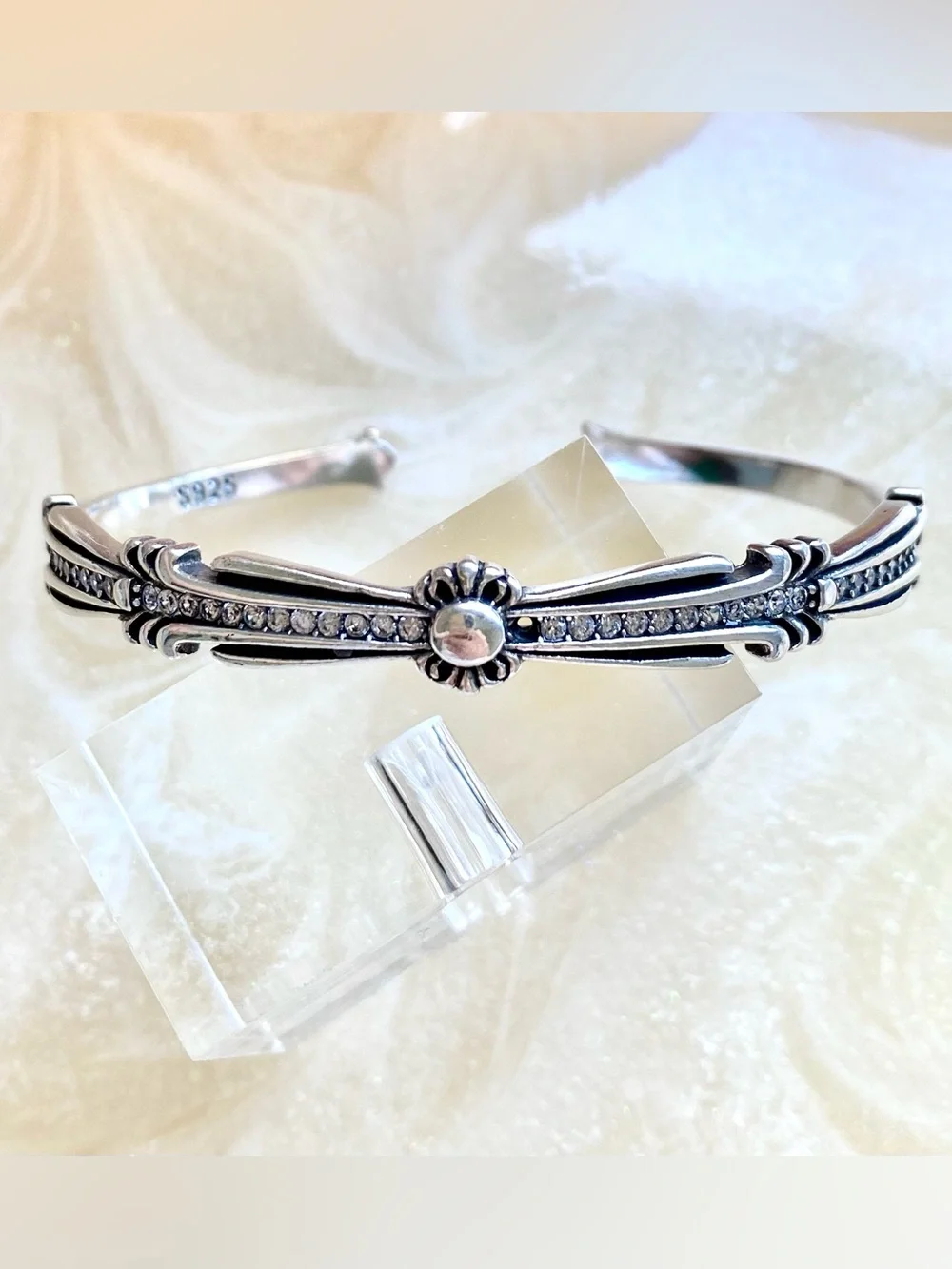 Sterling Silver Floral Motif Cuff Bracelet - cz Accent